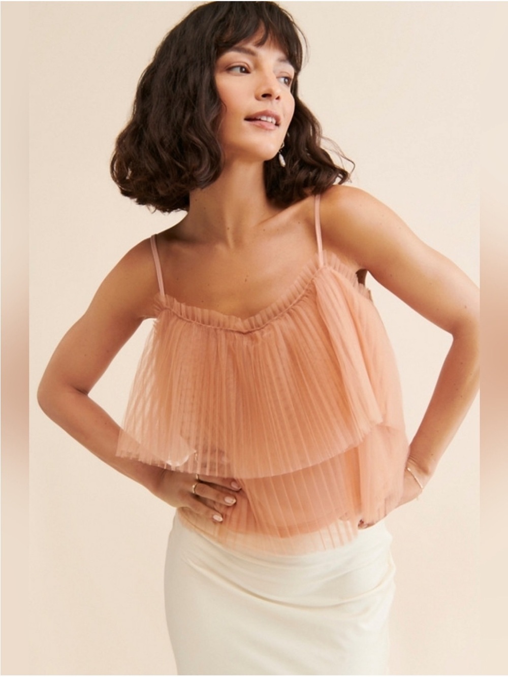 Anthropologie Pleated Tulle Tank Top Small Tiered Blush Romantic Fairycore